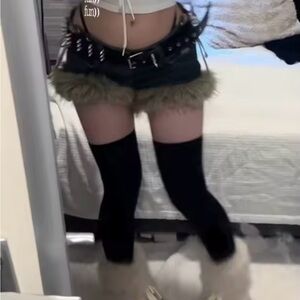 Stylish Black Jean Shorts with Fur Trim